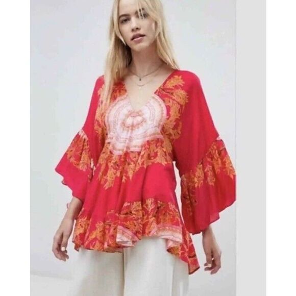FREE PEOPLE Women Sz S Sunset Dreams Printed Red Tunic Ruffle Top - Picture 12 of 14